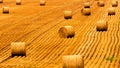 Golden straw field with hay bales. Harvest meadow in golden yellow colors. Royalty Free Stock Photo