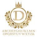 Golden striped letters with initial monogram in coat of arms form. Shining font and elements kit for logo design