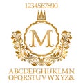 Golden striped letters and numbers with initial monogram in coat of arms form. Shining font and elements kit for logo design