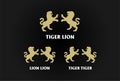 Golden Strong Standing Lion Leo and Tiger Silhouette Crest Logo Design