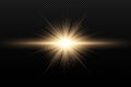 Golden stylish light effect on a dark transparent background. Golden magical rays and flying golden glitters. Bright explosion.