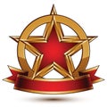 Golden stylized round symbol with red glamorous pentagona