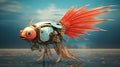 golden submersion, steampunk robotic fish in crystal clear water