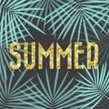 Golden summer text. Dark background with tropical palm leaves. Vector illustration, flat design Royalty Free Stock Photo