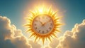 Golden sun with clock face and radiant rays shines brightly in blue sky with fluffy clouds. Daylight saving time concept visual. Royalty Free Stock Photo