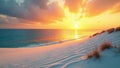 Golden sun dips below horizon, casting glow on white sand , summer, tranquil, warm Royalty Free Stock Photo