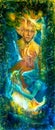 Golden sun god and blue water goddess, fantasy imagination detailed colorful painting, with birds and flute music. Royalty Free Stock Photo
