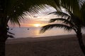 Golden sun light sunset in ocean sea behind island. silhouette palm and coconut tree on sand beach romantic place in thailand Royalty Free Stock Photo