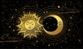 Golden sun and moon on black night sky background, mystical astrology banner, celestial tarot print for witch. Zodiac Royalty Free Stock Photo