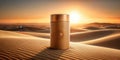 Golden sun protection container in a desert landscape at sunset. Generative AI Royalty Free Stock Photo