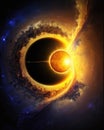 A golden sun rising against the backdrop of the infinite universe a journey towards discovery. Zodiac Astrology concept