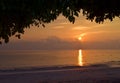 Golden Sun Rising at Horizon over Ocean with Warm Sky under Dark Shade of Tree - Kalapathar Beach, Havelock Island, Andaman, India Royalty Free Stock Photo
