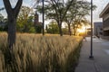 Crouse College is seen on a hill in the distance as a golden sun sets over the city of Syracuse, New York. Royalty Free Stock Photo