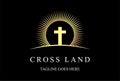 Golden Sun Sunset Sunrise with Jesus Christian Cross for Church Chapel Logo Design Vector