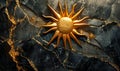 Golden Sunburst Emblem on Cracked Black Marble Background Symbolizing Power, Enlightenment, and Cosmic Energy in Artistic