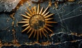 Golden Sunburst Emblem on Cracked Black Marble Background Symbolizing Power, Enlightenment, and Cosmic Energy in Artistic