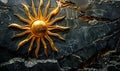 Golden Sunburst Emblem on Cracked Black Marble Background Symbolizing Power, Enlightenment, and Cosmic Energy in Artistic
