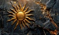 Golden Sunburst Emblem on Cracked Black Marble Background Symbolizing Power, Enlightenment, and Cosmic Energy in Artistic