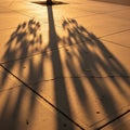 Golden sunlight casts long shadows of a tree onto a smooth concrete pavement. The Royalty Free Stock Photo