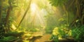 Golden sunlight filters through a lush jungle canopy