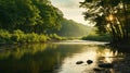 Romantic Riverscapes: A Stunning Waterway With Sun Reflection