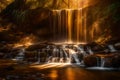 Golden sunlight pouring through a roaring waterfall creates a brilliant rainbow curtain. Royalty Free Stock Photo