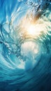 Golden sunlight shining through the swirling waves of clear turquoise water in the ocean. Water in motion. Generative AI