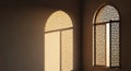 Warm Sunlight Through Ornate Arabesque Window with Geometric Patterns Casting Shadows on Wall Interior Design Concept Royalty Free Stock Photo