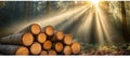 Golden Sunlight Streams Through Trees Onto a Stack of Freshly Cut Wood Logs in a Forest Royalty Free Stock Photo