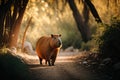Golden sunlight and verdant vegetation surrounding Capybara on forest trail, generative AI
