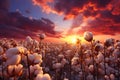 Golden sunlit cotton field. serene nature landscape in spectacular rays of sunlight