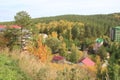 Golden autumn in the Altai region in Russia. Beautiful landscape - road in autumn forest