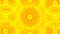 Golden sunny mandala symmetry pattern, abstract design, background. Textured yellow effect, seamless design