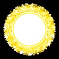 Golden, sunny stylish shining circular, round abstract banner on black background. Bright, funny labels, cards, stickers
