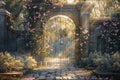 Golden sunrise behind an ornate garden gateway Royalty Free Stock Photo