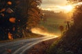 Golden Sunrise on a Curved Country Road in Autumn