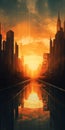 Golden Sunrise: A Dadaist Cityscape In Sci-fi Style