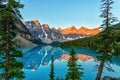 Golden Sunrise Over the Canadian Rockies at Moraine Lake in Canada Royalty Free Stock Photo