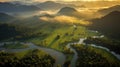 Golden Sunrise Over Lush River Landscape. Generative AI Royalty Free Stock Photo