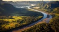 Golden Sunrise over the Meandering River. Generative AI Royalty Free Stock Photo