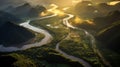 Golden Sunrise over Meandering River Landscape. Generative AI Royalty Free Stock Photo