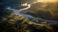 Golden Sunrise over a Meandering River Landscape. Generative AI Royalty Free Stock Photo
