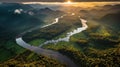 Golden Sunrise Over Meandering River and Lush Forests. Generative AI Royalty Free Stock Photo