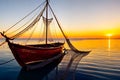 Golden Sunrise Over Ocean: Weathered Fishing Boat with Nets Navigating Calm Sea Waters Royalty Free Stock Photo