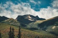 Golden sunrise over Pyramid Mountain at Pyramid Lake in Jasper National Park, Alberta, Canada. Royalty Free Stock Photo