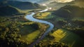 Golden Sunrise over Serene River Landscape. Generative AI Royalty Free Stock Photo