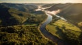 Golden Sunrise over Serene River Landscape. Generative AI Royalty Free Stock Photo