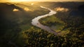 A Golden Sunrise Over a Serpentine River in Lush Forests. Generative AI Royalty Free Stock Photo