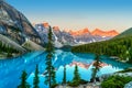 Golden Sunrise Over the Canadian Rockies at Moraine Lake in Canada Royalty Free Stock Photo