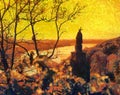 Golden sunrise over the Vladimir Hill in Kyiv, Ukraine. Impressionist oil painting